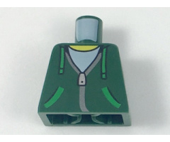 Torso Hoodie with Green Ties and Pockets, Silver Zipper over White Shirt Pattern