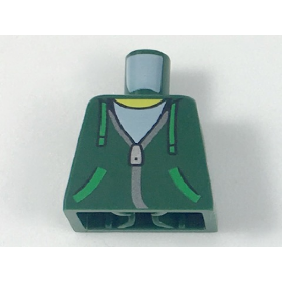 Torso Hoodie with Green Ties and Pockets, Silver Zipper over White Shirt Pattern