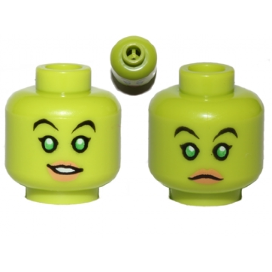 Minifigure, Head Dual Sided Alien Female with Bright Green Eyes, Nougat Lips, Smile / Frown Pattern (SW Hera Syndulla) - Blocked Open Stud