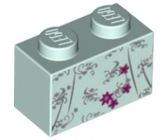 Brick 1 x 2 with Silver Flower Filigree, Magenta Flower, Stars and Dark Bluish Gray Dress Gather Lines Pattern