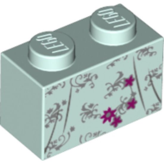 Brick 1 x 2 with Silver Flower Filigree, Magenta Flower, Stars and Dark Bluish Gray Dress Gather Lines Pattern