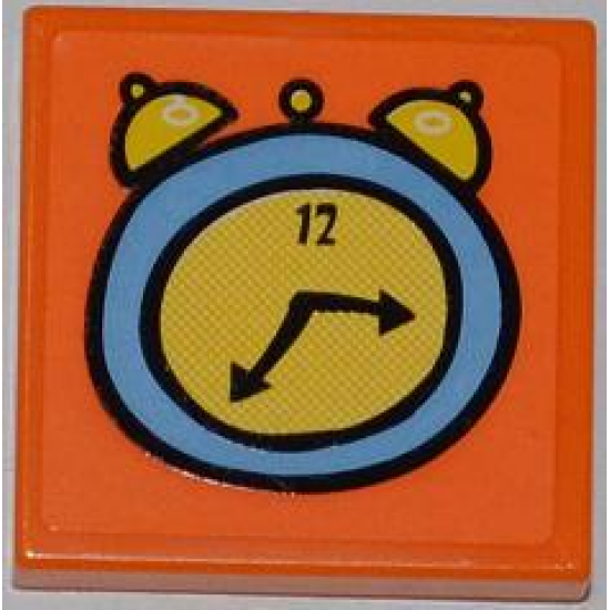 Tile 2 x 2 with Medium Blue and Yellow Alarm Clock Pattern (Sticker) - Set 3818