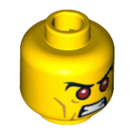 Minifigure, Head Red Eyes with Black Bushy Eyebrows and Open Angry Mouth Pattern - Blocked Open Stud