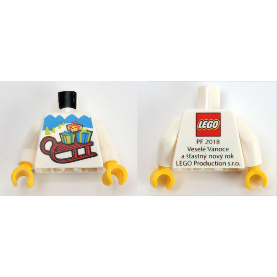 Torso Kladno with Sled and Gifts on Front, 'PF 2018' and Lego Logo on Back Pattern / White Arms / Yellow Hands