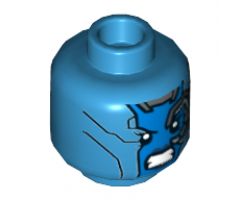 Minifigure, Head Alien Female with Blue Face, Mechanical Left Eye, Angry Expression and Silver Stripes on Back Pattern - Hollow Stud