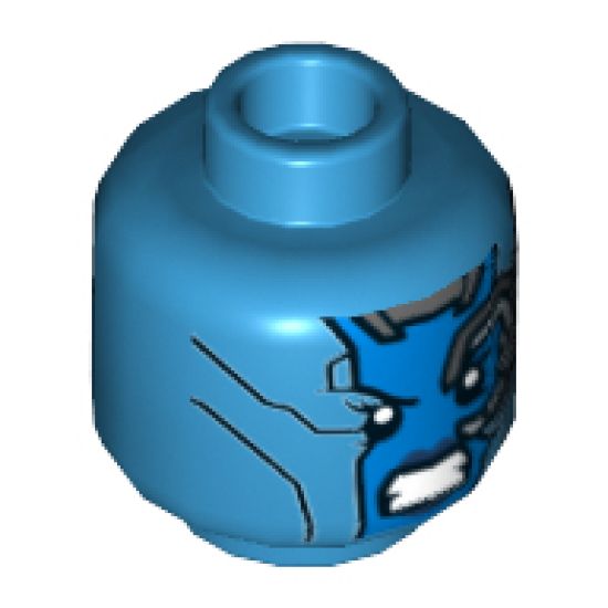 Minifigure, Head Alien Female with Blue Face, Mechanical Left Eye, Angry Expression and Silver Stripes on Back Pattern - Hollow Stud
