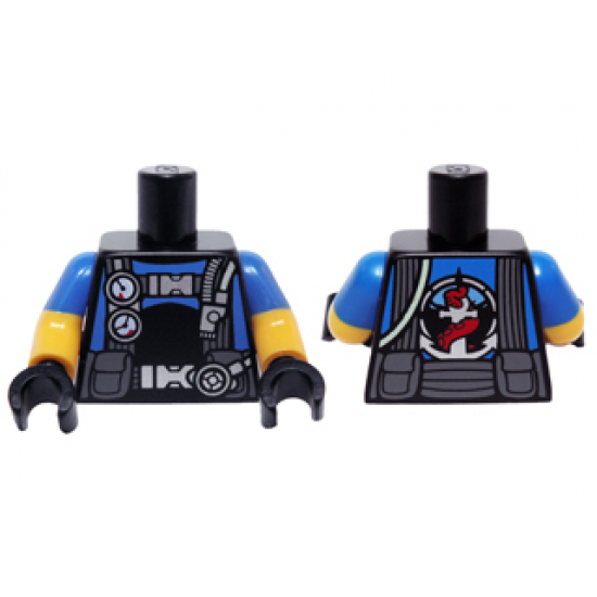 Torso Scuba Diver Straps and Gauges with Anchor and Octopus Emblem Pattern / Yellow Arms with Blue Short Sleeves Pattern / Black Hands
