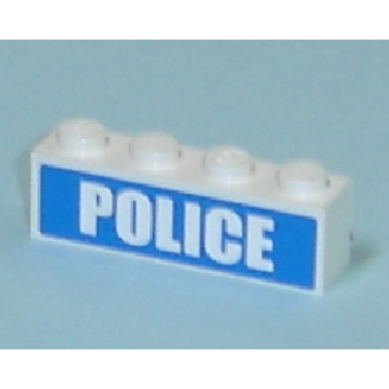 Brick 1 x 4 with White 'POLICE' Bold Font on Blue Background Pattern (Sticker) - Sets 7498 / 7743