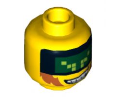 Minifigure, Head Male with Dark Green Pixelated Visor, Sideburns and Wide Grin with Teeth Pattern (Terabyte) - Hollow Stud