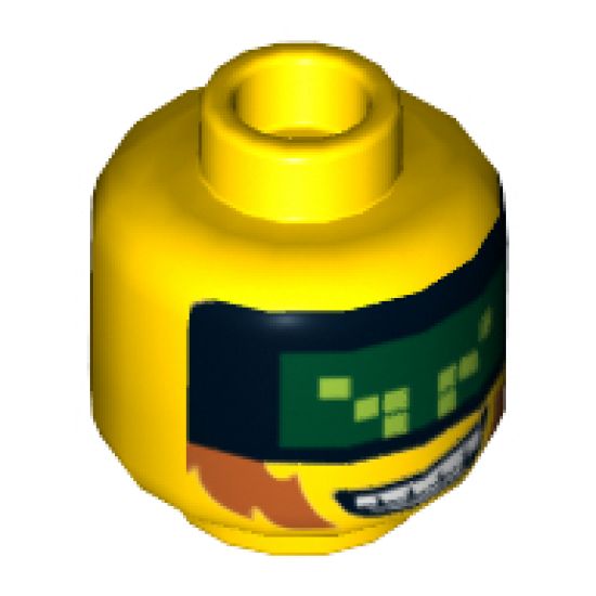 Minifigure, Head Male with Dark Green Pixelated Visor, Sideburns and Wide Grin with Teeth Pattern (Terabyte) - Hollow Stud