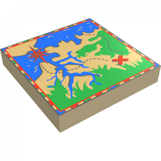 Tile 2 x 2 with Map with Blue Water, Tan Land, Red Letter X, Compass Rose Pattern
