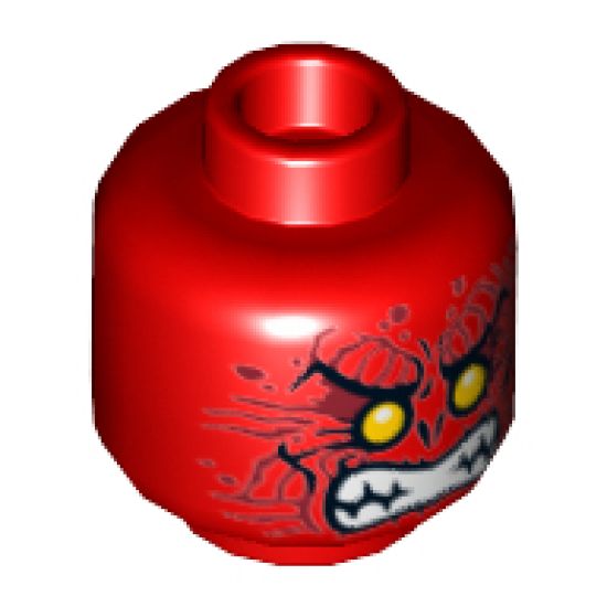 Minifigure, Head Alien with Yellow Eyes, Dark Red Wrinkles, Bared Teeth Pattern - Hollow Stud