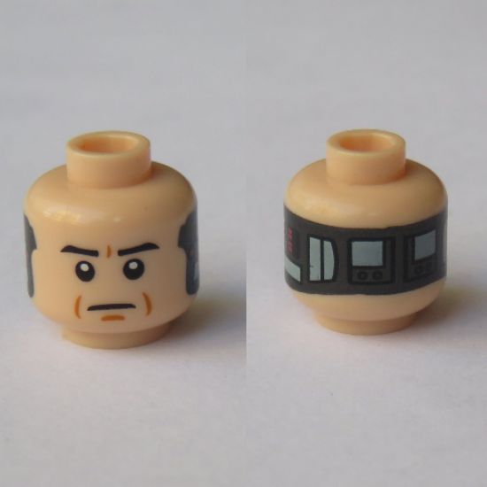 Minifigure, Head Dual Sided Alien with SW Black Eyebrows, Eyes with Pupils, Frown / Implant Pattern (Lobot) - Blocked Open Stud