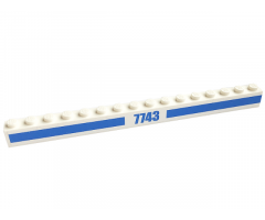 Brick 1 x 16 with Blue '7743' and 2 Blue Lines Pattern (Sticker) - Set 7743