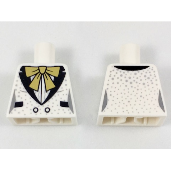 Torso Female Tuxedo Jacket, Large Gold Bow, Black Lapels and Pockets, Silver Speckles Pattern
