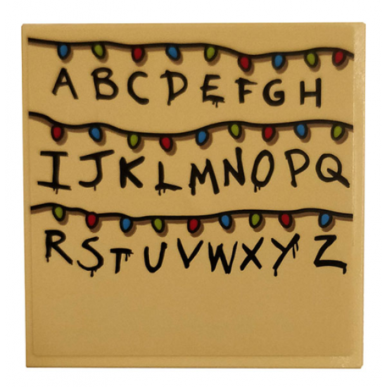 Tile 6 x 6 with Bottom Tubes with Black Alphabet Letters and Multicolored Christmas Lights on Tan Background Pattern (Sticker) - Set 75810