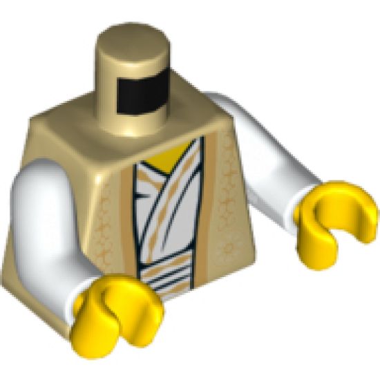 Torso Ninjago Vest with Gold Trim Over White Robe and Gold Flower Symbol on Back Pattern / White Arms / Yellow Hands