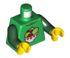 Torso Lettuce and Tomatoes Salad in White Bowl with Red Hearts Pattern / Dark Green Arms / Yellow Hands