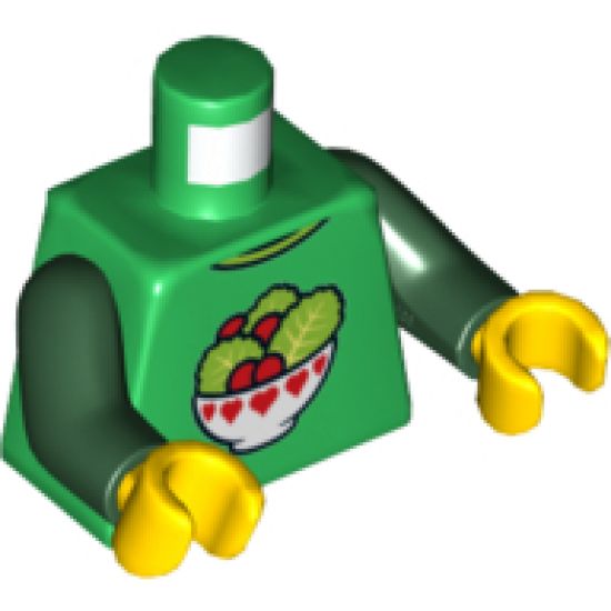 Torso Lettuce and Tomatoes Salad in White Bowl with Red Hearts Pattern / Dark Green Arms / Yellow Hands