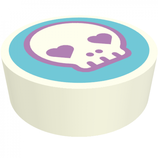 Tile, Round 1 x 1 with Skull Face with Heart Eyes in Medium Azure Circle Pattern