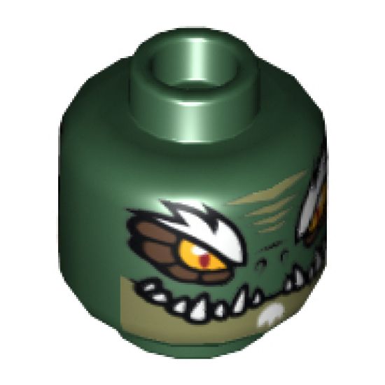 Minifigure, Head Dual Sided Alien Chima Crocodile with Dark Brown Rimmed Eyes, White Eyebrows, Wide Eyes / Narrow Eyes Pattern (Crominus) - Hollow Stud