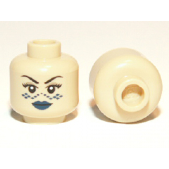 Minifigure, Head Female SW Barriss Offee, Blue Lips, Blue Tattoo Pattern - Hollow Stud