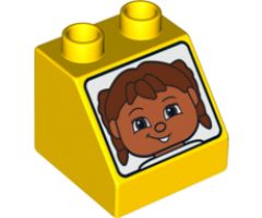 Duplo, Brick 2 x 2 x 1 1/2 Slope 45 with Face with Brown Hair Long Pattern