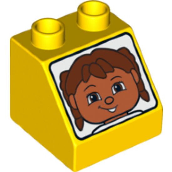 Duplo, Brick 2 x 2 x 1 1/2 Slope 45 with Face with Brown Hair Long Pattern