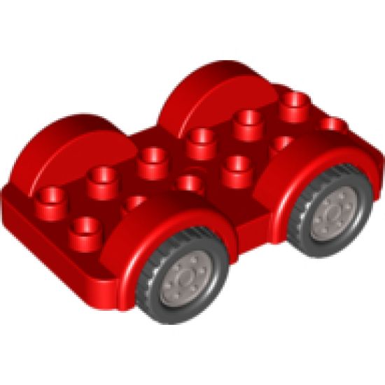 Duplo, Vehicle Car Base 2 x 6 with Four Black Tires and Flat Silver Wheels on Fixed Axles
