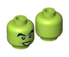 Minifigure, Head Female, Black Thick Eyebrows, Green Lips and Open Smile with Bright Light Yellow Teeth Pattern (Wicked Witch) - Hollow Stud