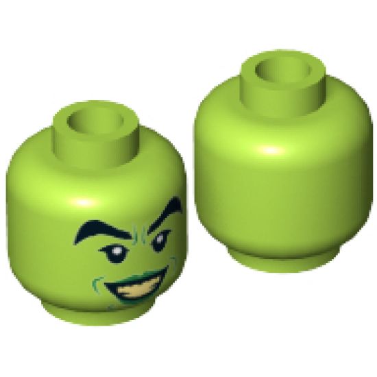 Minifigure, Head Female, Black Thick Eyebrows, Green Lips and Open Smile with Bright Light Yellow Teeth Pattern (Wicked Witch) - Hollow Stud