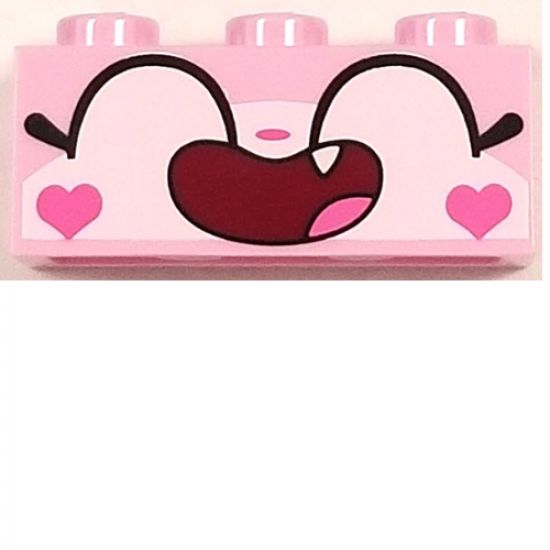 Brick 1 x 3 with Cat Face Wide Closed Eyes Smiling Open Mouth with One Tooth and Hearts on Cheeks Pattern