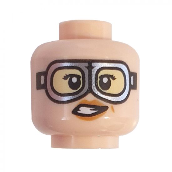 Minifigure, Head Dual Sided Female, Dark Tan Eyebrows, Smile / Silver Goggles Pattern (Jillian Holtzmann) - Hollow Stud