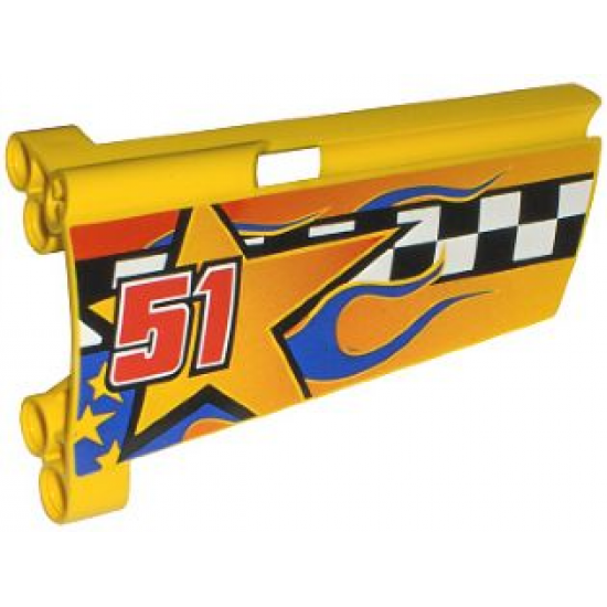Technic, Panel Fairing #20 Large Long, Small Hole, Side A with Checkered Flag, Stars, Blue Flames and '51' Pattern (Sticker) - Set 8651