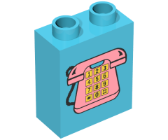 Duplo, Brick 1 x 2 x 2 with Telephone Pattern 1, Pink with Yellow Buttons