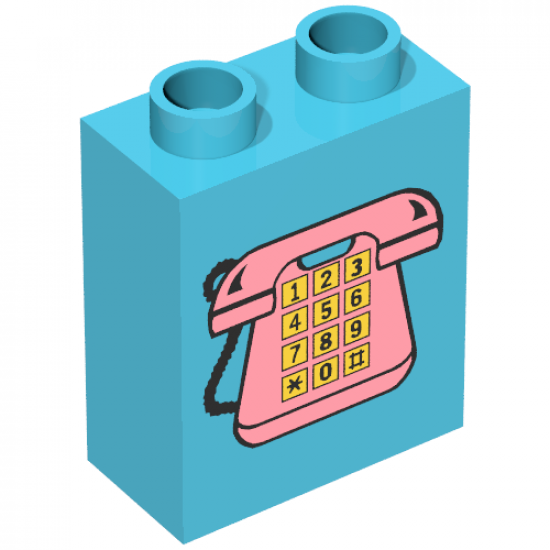Duplo, Brick 1 x 2 x 2 with Telephone Pattern 1, Pink with Yellow Buttons