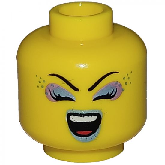 Minifigure, Head Dual Sided Female, Metallic Blue and Purple Eye Shadow and Lips, Open Smile / Singing Eyes Closed Open Mouth Pattern - Hollow Stud