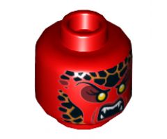 Minifigure, Head Alien with Black Thin Eyebrows, Yellow Eyes, Black and Orange Scales, Fangs Pattern - Hollow Stud