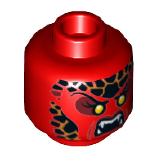 Minifigure, Head Alien with Black Thin Eyebrows, Yellow Eyes, Black and Orange Scales, Fangs Pattern - Hollow Stud
