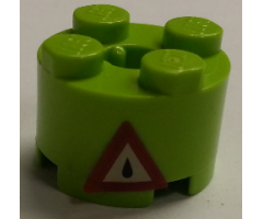 Brick, Round 2 x 2 with Axle Hole with Dark Red Triangle Danger Sign with Oil Drop Pattern (Sticker) - Sets 7298 / 7477