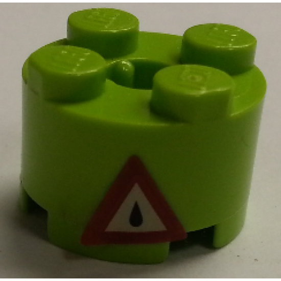 Brick, Round 2 x 2 with Axle Hole with Dark Red Triangle Danger Sign with Oil Drop Pattern (Sticker) - Sets 7298 / 7477