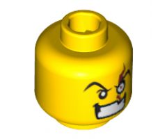 Minifigure, Head Male Angry Eyebrows and White Left Eye with Red Scar, Evil Grin with Teeth Pattern - Blocked Open Stud