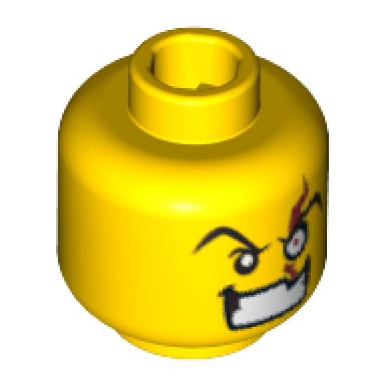 Minifigure, Head Male Angry Eyebrows and White Left Eye with Red Scar, Evil Grin with Teeth Pattern - Blocked Open Stud