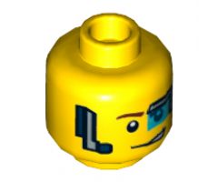 Minifigure, Head Dual Sided Digital Eye Glass over Left Eye, Smirk / Determined Pattern (Curtis Bolt) - Hollow Stud