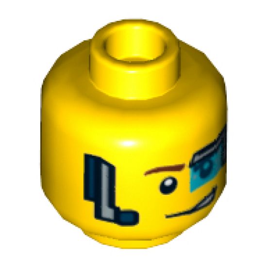 Minifigure, Head Dual Sided Digital Eye Glass over Left Eye, Smirk / Determined Pattern (Curtis Bolt) - Hollow Stud