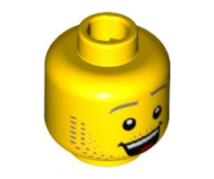 Minifigure, Head Dual Sided Dark Tan Eyebrows and Stubble Beard, Open Smile / Raised Left Eyebrow, Lost Pattern - Hollow Stud