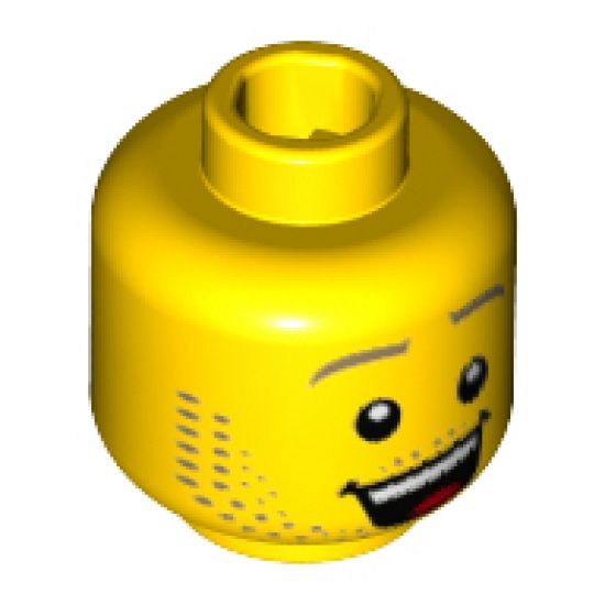 Minifigure, Head Dual Sided Dark Tan Eyebrows and Stubble Beard, Open Smile / Raised Left Eyebrow, Lost Pattern - Hollow Stud