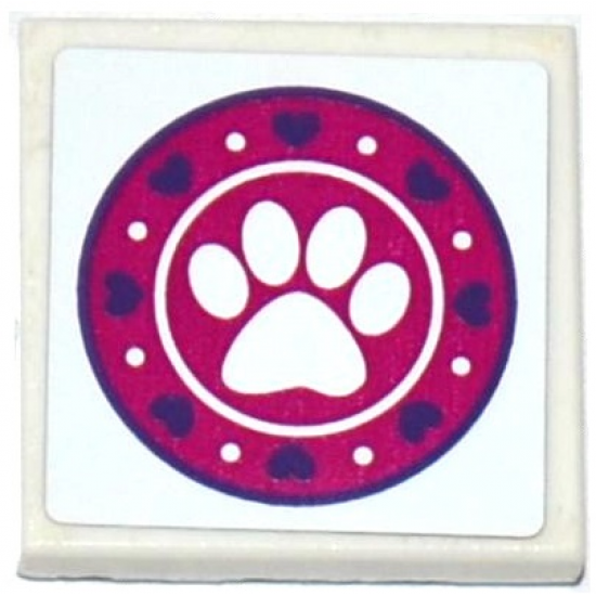 Tile 2 x 2 with Dark Purple Hearts, White Paw Print and Dots in Magenta Circle Pattern (Sticker) - Set 41124