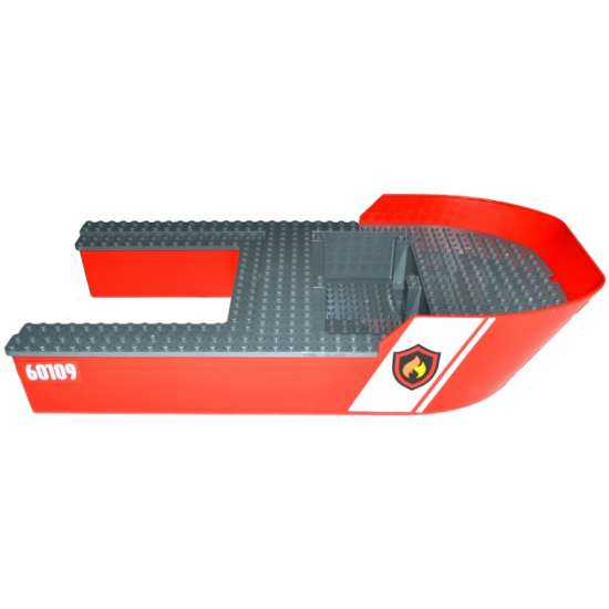 Boat Hull Giant Bow 40 x 20 x 7, Top Color Dark Bluish Gray with Fire Logo and '60109' Pattern on Both Sides (Stickers) - Set 60109