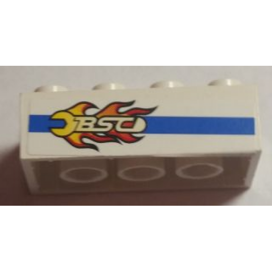 Brick 2 x 4 with Blue Line and Flaming Wrench 'BSC' Pattern Model Left Side (Sticker) - Set 8681
